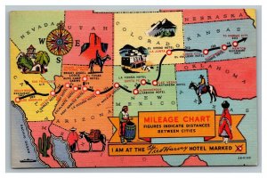 Vintage 1945 Mileage Chart Postcard Fred Harvey Hotels California to Kansas