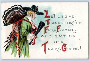 Grafton North Dakota ND Postcard Thanksgiving  Man Cached Turkey Embossed c1910s