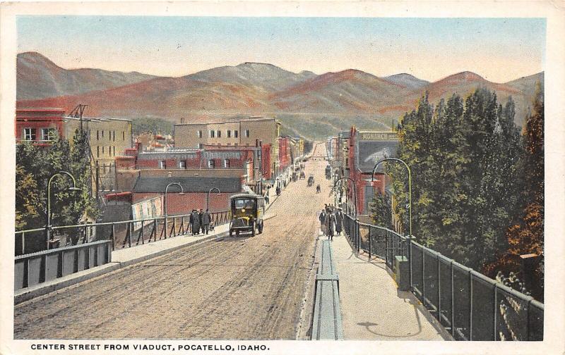 F7/ Pocatello Idaho Postcard 1920 Center Street Bus Stores People