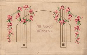 Vintage Postcard All Good Wishes Pink Flowering Vine Gate Embossed Border