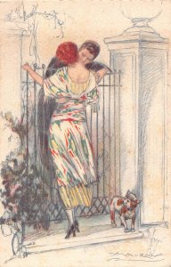 Love Romance Art by Mauzan Couple Flirting Through Gate Dog postcard C330