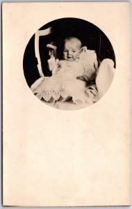 Baby Photograph Sitting on A Wooden Chair White Dress Infant RPPC Postcard