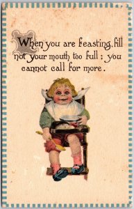 1914 Child Sits on A Table of Food When Yoou Are Feasting Comic Card Postcard