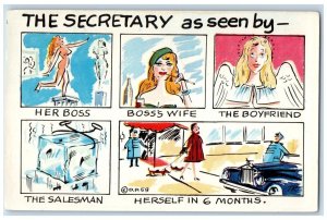 The Secretary As Seen By Relationship Humors Multiview Unposted Vintage Postcard