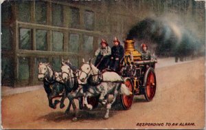 Responding To An Alarm Firemen White Horses Fire Dept 114c Unused Postcard H41