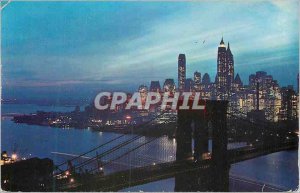 Modern Postcard Nightfall in Lower Manhattan with Brooklyn Bridge, New York City