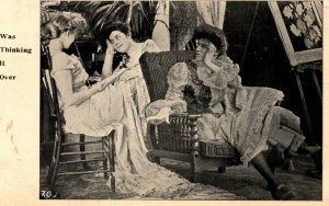 Ladies at lounge - Was thinking it over - Vintage Postcard - c1908