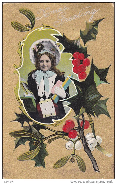 Xmas Greeting, Girl wearing bonnet holding gifts, Holly, Gold detail, PU-1909