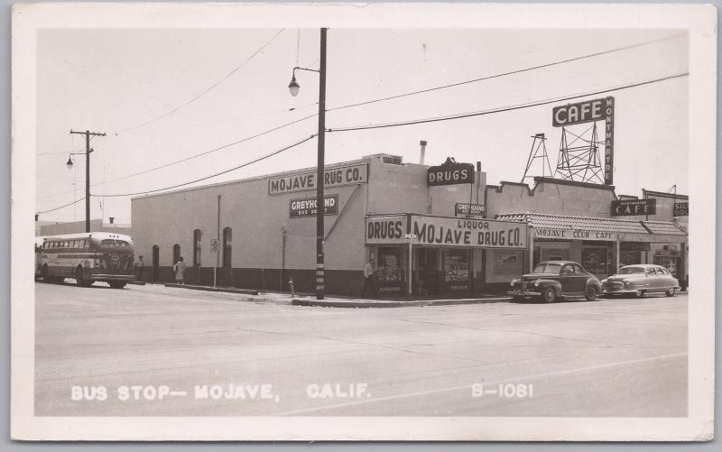 RPPC-Mojave, Calif., Greyhound Bus Stop-Mojave Drug Co.-1950's Bus & Autos