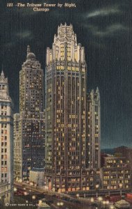 Tribune Tower Building By Night Chicago Illinois IL J. O. Stoll Vintage Postcard