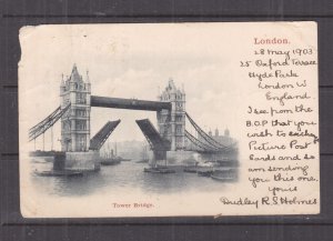 GREAT BRITAIN, 1903 ppc., LONDON, TOWER BRIDGE, 1d. PADDINGTON squared circle
