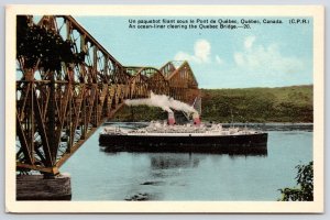 Un Paquebot Filant Sous Le Pont De Quebec Canada Ocean Liner Clearing Postcard