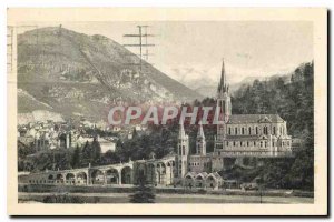 Old Postcard Lourdes Basilica and mountains