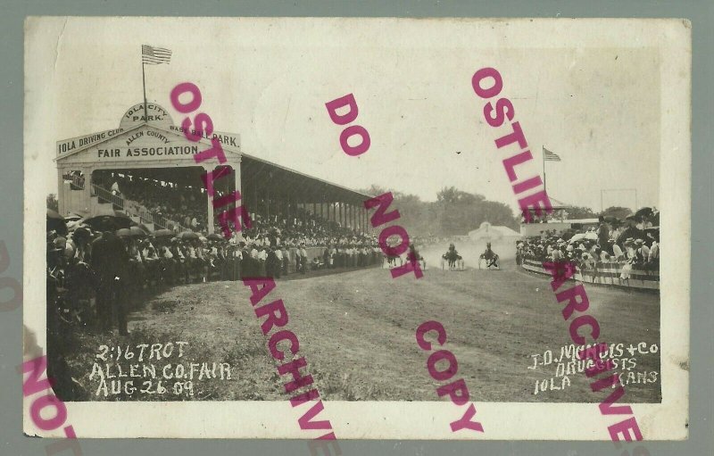 Iola KANSAS RPPC 1909 HARNESS RACING Horse Race TROTTERS Trotting COUNTY FAIR