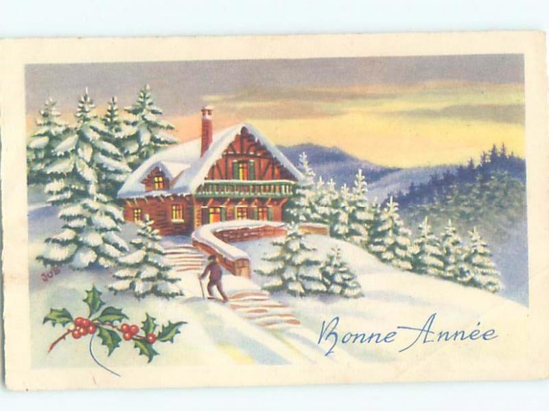 foreign Old Postcard SNOWY HOUSE WITH SNOW-COVERED CHRISTMAS TREES AC3488