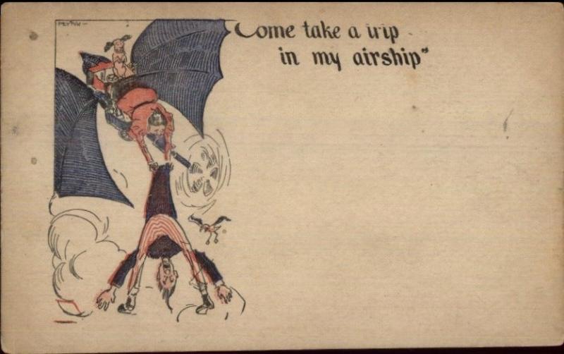 Aviation Fantasy Comic - Come Take a Trip in my Airship c1910 Postcard