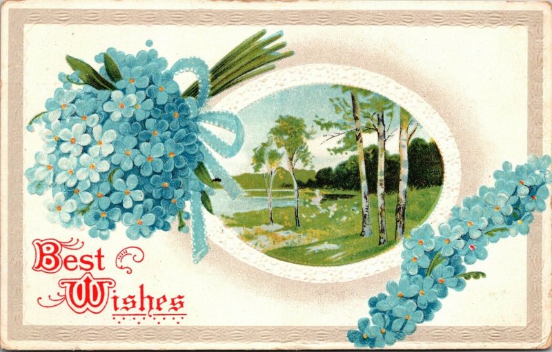 Vintage Best Wishes Postcard - A Blue Flower  Daisies - Postcard