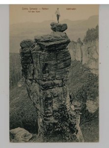 Germany - Sachs, Schweiz. Rock Climber Atop the Wehlnadel