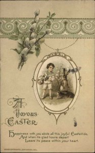 Winsch Easter Little Boy With Rabbit Art Nouveau Border c1910 Vintage Postcard