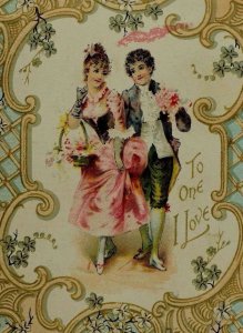 Embossed Victorian Valentine's Trade Card Lovely Lady & Man Flowers Fabulous! *C