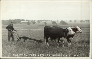 Augusta WI National Plow Matches Agriculture Contest Oxen Real Photo Postcard