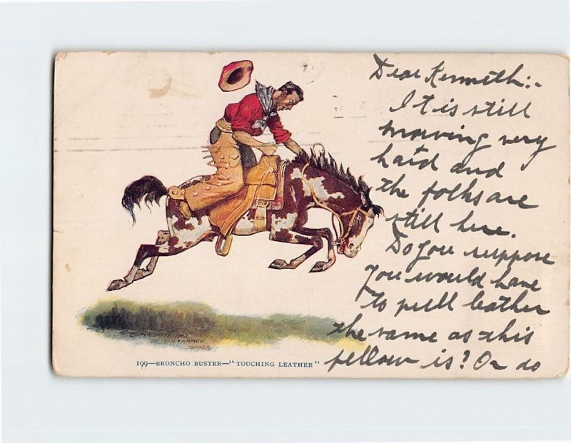 Postcard Broncho Buster, Touching Leather with Embossed Art Print