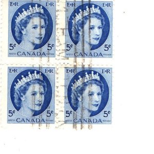 Scott # 341, Used Block of Canadian Queen Elizabeth II 5c Definitive Stamps