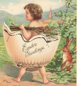 c1910 Fantasy Child Wearing Egg Shell Rabbit Glitter Germany Easter P355