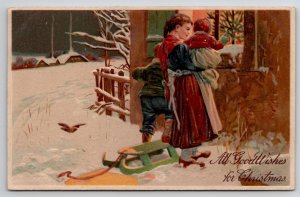 Christmas Girl With Children In Snow At Window Looking At Tree Postcards I45