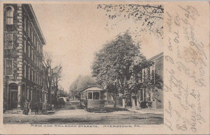 Postcard Main and Railroad Streets Myerstown PA 1908