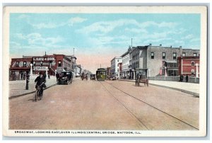 Broadway Looking East Over Illinois Central Bridge Trolley Mattoon IL Postcard