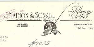 1939 J MAIMON & SONS PHILADELPHIA PA STILLSERGE CLOTHES BILLHEAD INVOICE Z2487