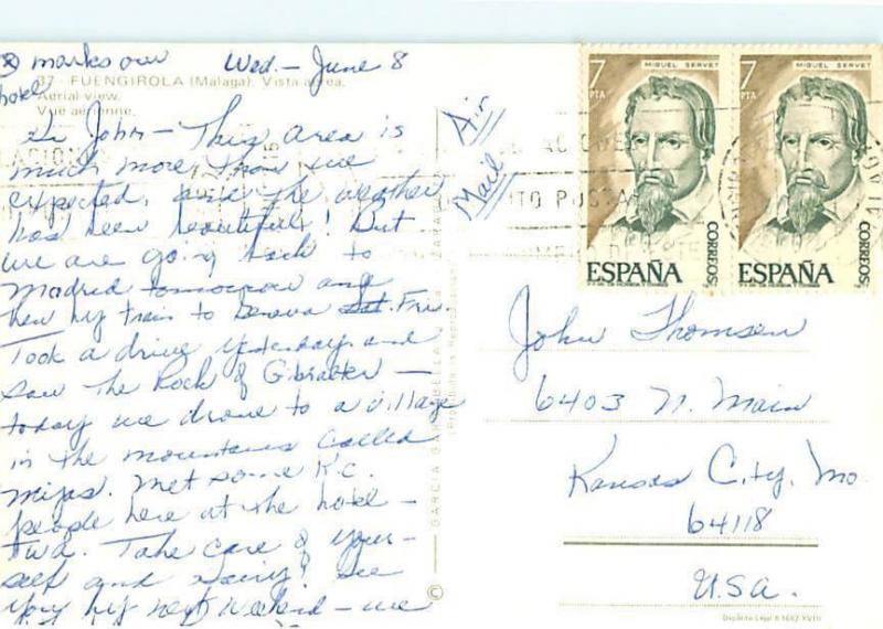 Spain Fuengirola Malaga Hotel Beach Miguel Servet Stamps  Postcard # 8372