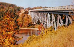 WELLSTON CADILLAC MANISTEE MICHIGAN COOLEY BRIDGE ON M-55 POSTCARD 1957