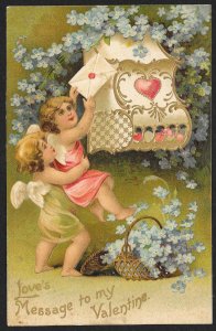 Loves Message To My Valentine Two Cupids Letter & Violets Used c1908
