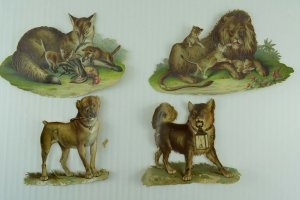 1880's Lovely Die Cut Dogs, Foxes, Lions, Pipe, Victorian Cards Lot of 4 PD273