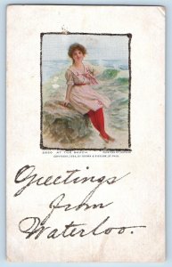 Waterloo Iowa IA Postcard Greetings Embossed Woman Sitting At The Beach 1920