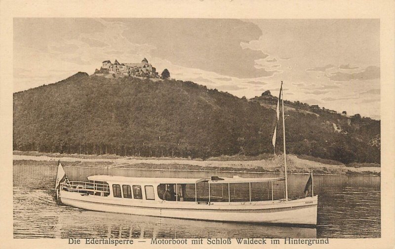 Navigation & sailing themed old postcard Hintergrund motorboat Waldeck castle