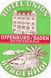 Germany Offenburg im Schwarzwald Hotel Union Burgerhof Vintage Luggage Label ...