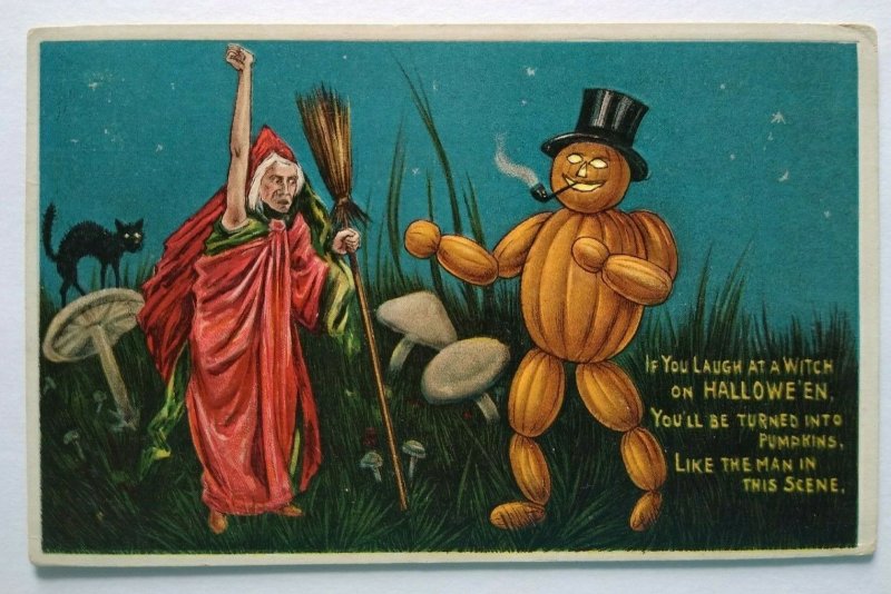 Antique Halloween Postcard Anthropomorphic Goblin Man Anglo-American Witch 876