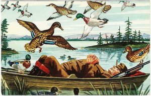 Ducks Flock to Hunter Asleep in Boat Comic Postcard by Crocker 1950s