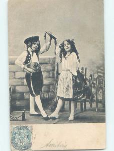 1904 foreign FRENCH GIRL AND BOY DANCING WITH A TAMBOURINE HL4872