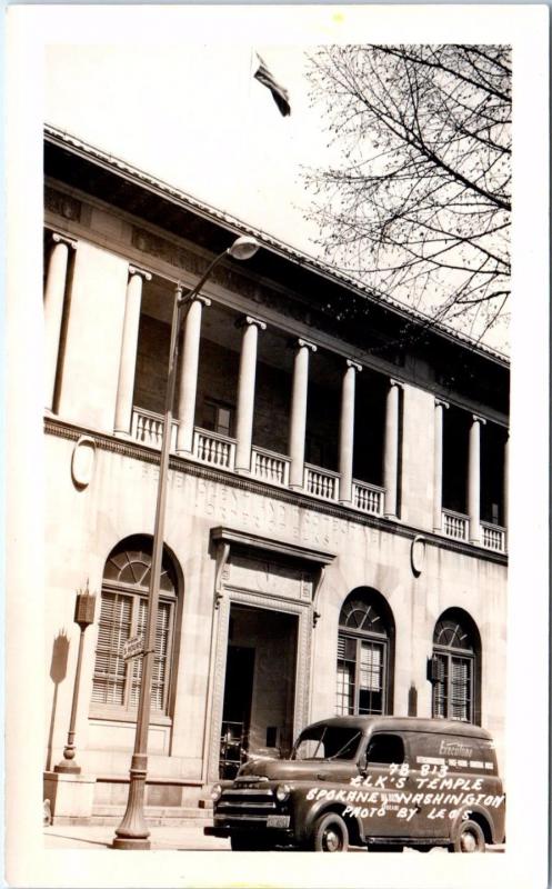 RPPC SPOKANE, WA Washington  ELK'S TEMPLE & DODGE Panel Truck c1940s Postcard