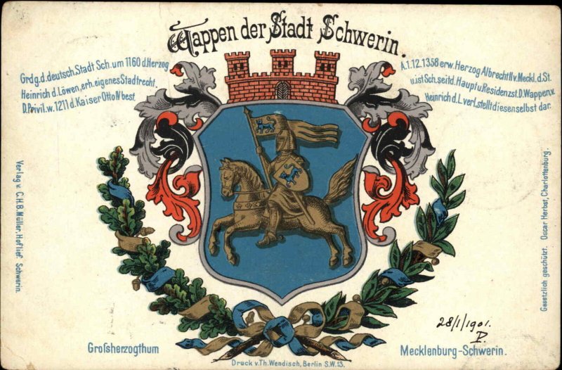 Mecklenburg Schwerin Germany Heraldic Shield Kinight c1910 Vintage Postcard