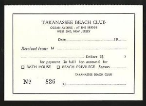 Takanassee Beach Club Ticket/Receipt, West End, Long Branch New Jersey/NJ