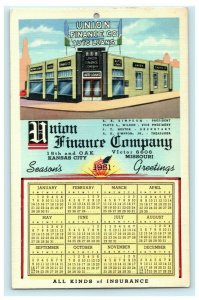 Union Finance Company Advertising Calendar 1951 Vintage Store Car Loans Postcard 