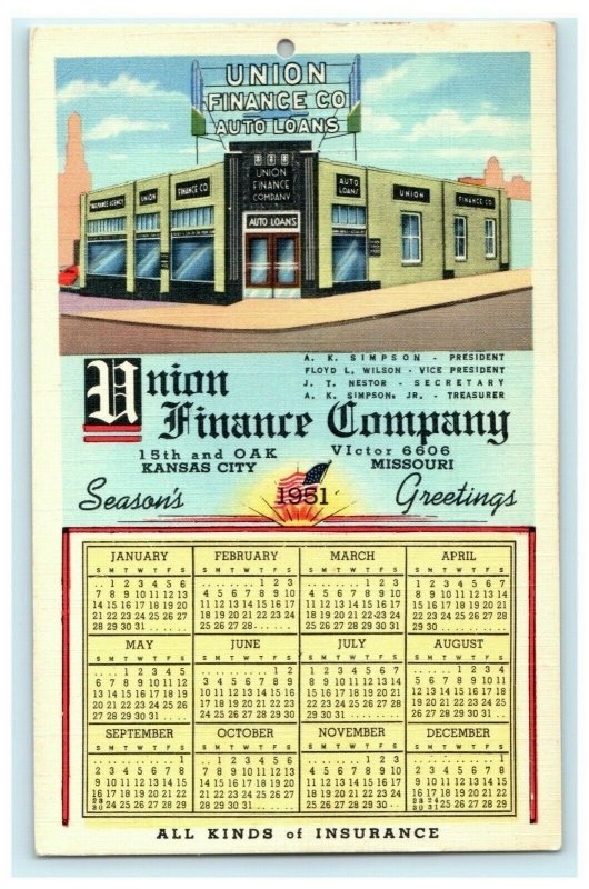 Union Finance Company Advertising Calendar 1951 Vintage Store Car Loans Postcard 