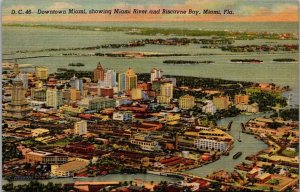 Florida Miami Downtown Aerial View Showing Miami River & Biscayne Bay Curteich