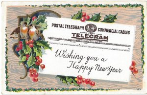 Postal Telegraph Telegram Wishing you a Happy New Year Birds Holly Embossed