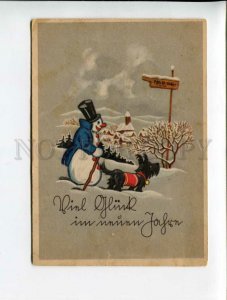 3118940 Snowman in TOP HAT & SCOTTISH TERRIER Vintage color PC